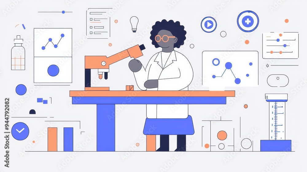 Scientist working in lab with microscope and data charts Scientist working in lab with microscope and data charts
