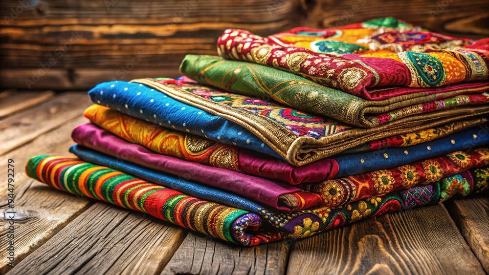 Vibrant traditional Indian fabrics in silk and cotton, adorned with intricate patterns and colorful embroidery, draped over a rustic wooden table in a cozy ambiance.