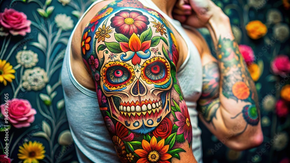 Vibrant sugar skull design on a muscular arm, adorned with colorful flowers, snakes, and ornate patterns, blending traditional Mexican folk art with modern tattoo style. Vibrant sugar skull design on a muscular arm, adorned with colorful flowers, snakes, and ornate patterns, blending traditional Mexican folk art with modern tattoo style.