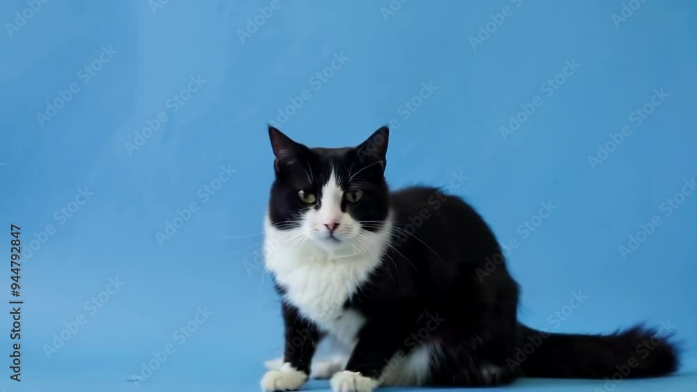 Black and White Cat Against Blue Background Black and White Cat Against Blue Background