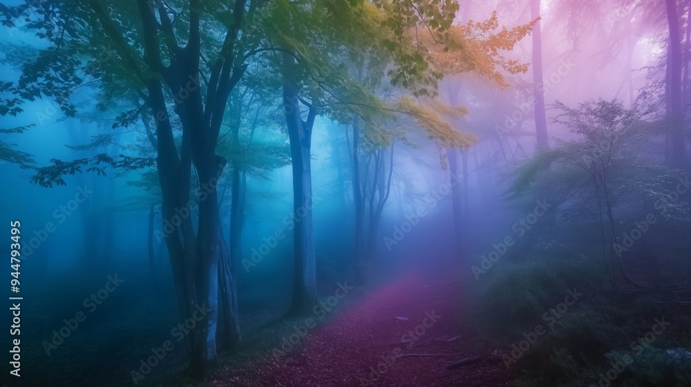 A mystical fog envelops a tranquil forest path during the early morning, revealing colorful foliage and towering trees in soft light A mystical fog envelops a tranquil forest path during the early morning, revealing colorful foliage and towering trees in soft light