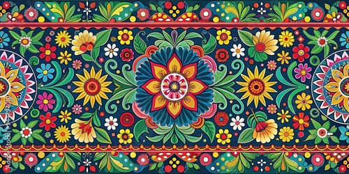 Vibrant traditional Mexican design pattern featuring intricate geometric shapes, colorful flowers, and ornate borders, evoking a sense of cultural heritage and festive charm. photo