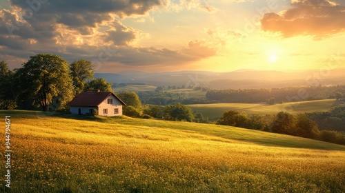 Cottage in a Field at Sunset