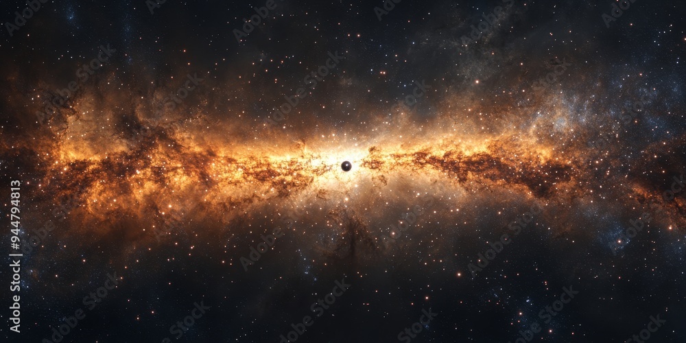 A panoramic view of a galactic core, with intense light emanating from millions of stars and a central supermassive black hole A panoramic view of a galactic core, with intense light emanating from millions of stars and a central supermassive black hole
