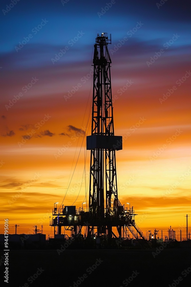 A drilling rig at dawn, with the first rays of sunlight just beginning to illuminate the oil field. The rig is silhouetted against the early morning sky A drilling rig at dawn, with the first rays of sunlight just beginning to illuminate the oil field. The rig is silhouetted against the early morning sky