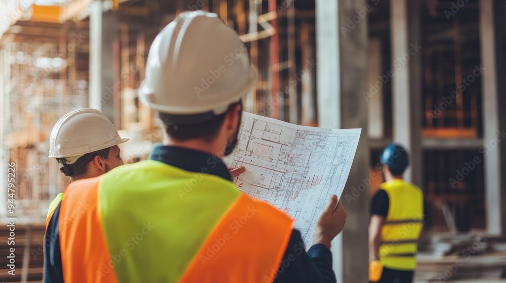 A construction project manager holding site plans and discussing logistics with a team of workers A construction project manager holding site plans and discussing logistics with a team of workers