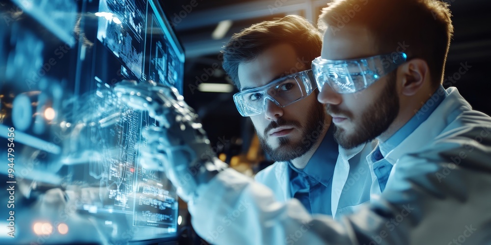 Two engineers in a close-up shot programming a robotic arm in a futuristic industrial setting with digital displays and advanced machinery around them Two engineers in a close-up shot programming a robotic arm in a futuristic industrial setting with digital displays and advanced machinery around them