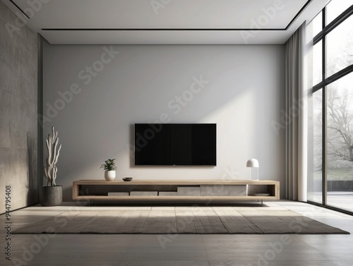 Modern living room with minimalist decor, a flat-screen tv, and a wooden entertainment center.