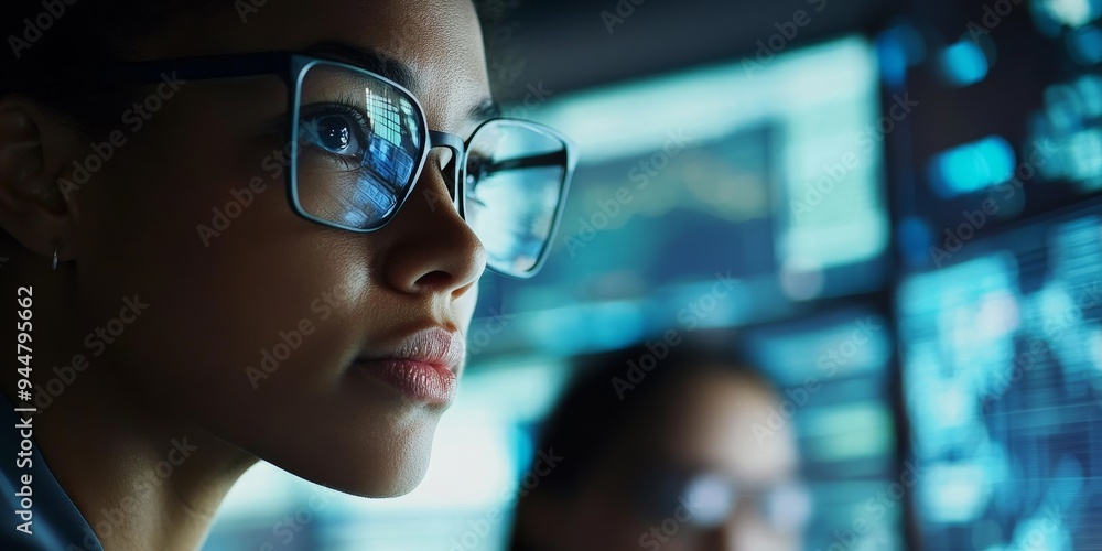A close-up of two cyber security experts monitoring network activity on multiple screens in a high-tech operations center their focused faces reflecting intensity A close-up of two cyber security experts monitoring network activity on multiple screens in a high-tech operations center their focused faces reflecting intensity