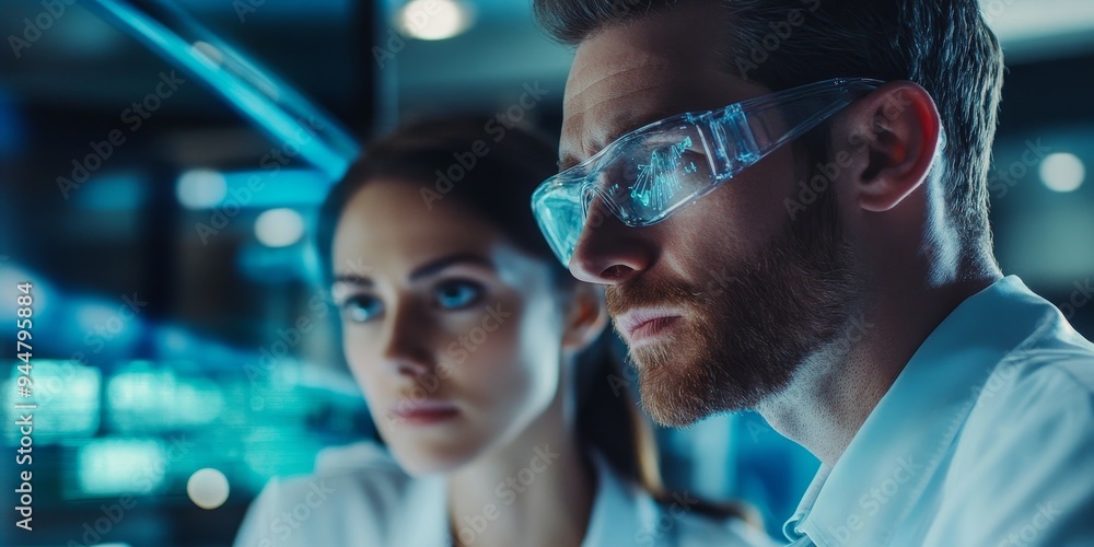 Two scientists in a close-up shot discussing artificial intelligence algorithms in a sleek, high-tech lab their serious expressions reflecting deep focus Two scientists in a close-up shot discussing artificial intelligence algorithms in a sleek, high-tech lab their serious expressions reflecting deep focus