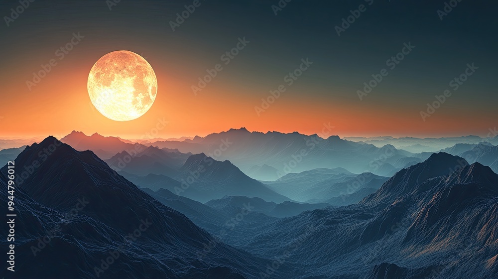 A stunning moonrise over rugged mountain peaks, with the soft glow of the moon casting a serene light across the landscape A stunning moonrise over rugged mountain peaks, with the soft glow of the moon casting a serene light across the landscape