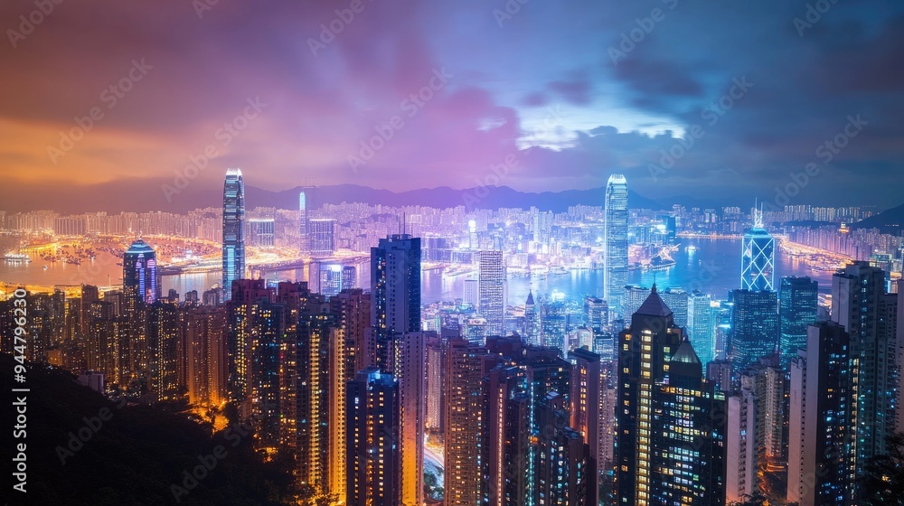 Fototapeta premium A stunning time-lapse cityscape showing the transition from day to night, capturing urban growth and dynamism