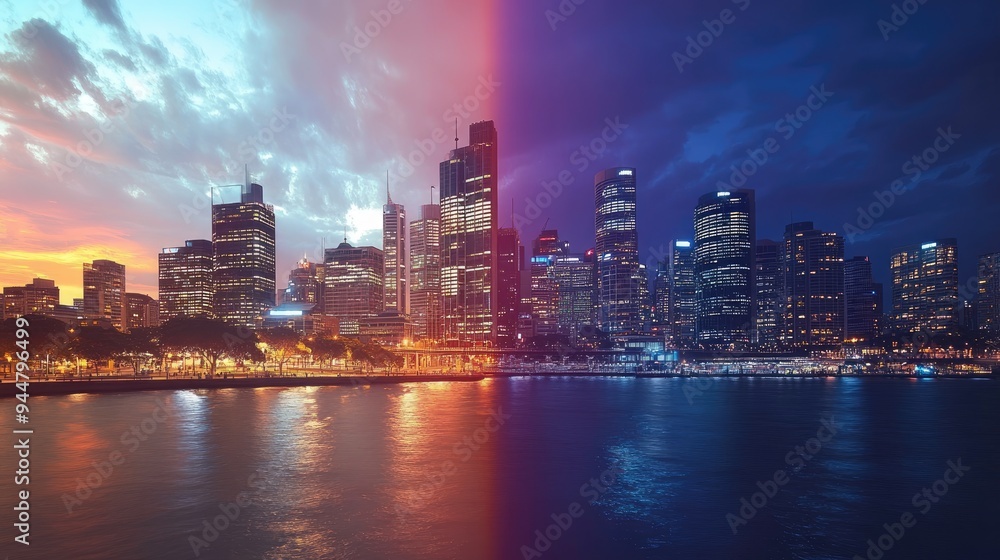 A stunning time-lapse cityscape showing the transition from day to night, capturing urban growth and dynamism A stunning time-lapse cityscape showing the transition from day to night, capturing urban growth and dynamism