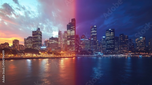 Wallpaper Mural A stunning time-lapse cityscape showing the transition from day to night, capturing urban growth and dynamism Torontodigital.ca