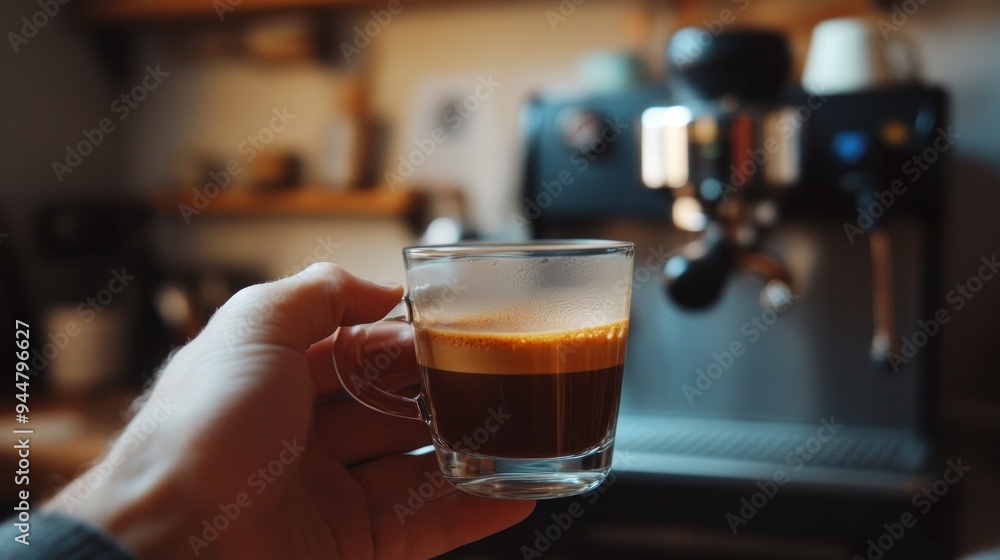 A hand holding a freshly brewed espresso shot with a blurred coffee machine in the background A hand holding a freshly brewed espresso shot with a blurred coffee machine in the background