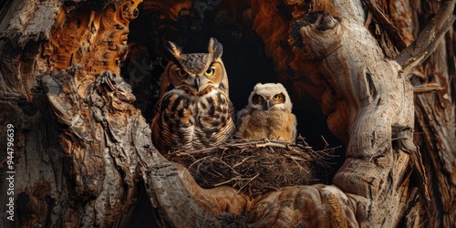 A majestic Great Horned Owl Bubo virginianus guarding her chick in a nest nestled within the hollow of a towering ancient fir tree snag photo