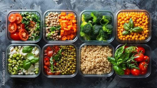 Healthy meal prep containers filled with balanced meals including grains, proteins, and vegetables