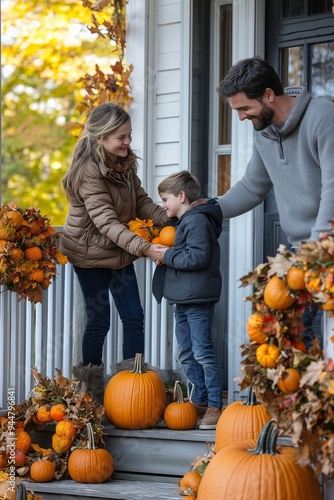 Family enjoying autumn on their porch while decorating pumpkins together in a charming neighborhood setting in the late afternoon