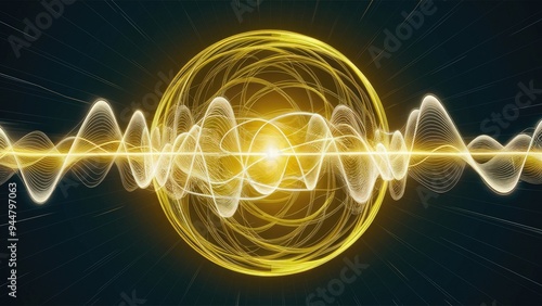 Futuristic yellow energy sphere featuring dynamic waves and atomic particle lines, creating an abstract force field effect. photo