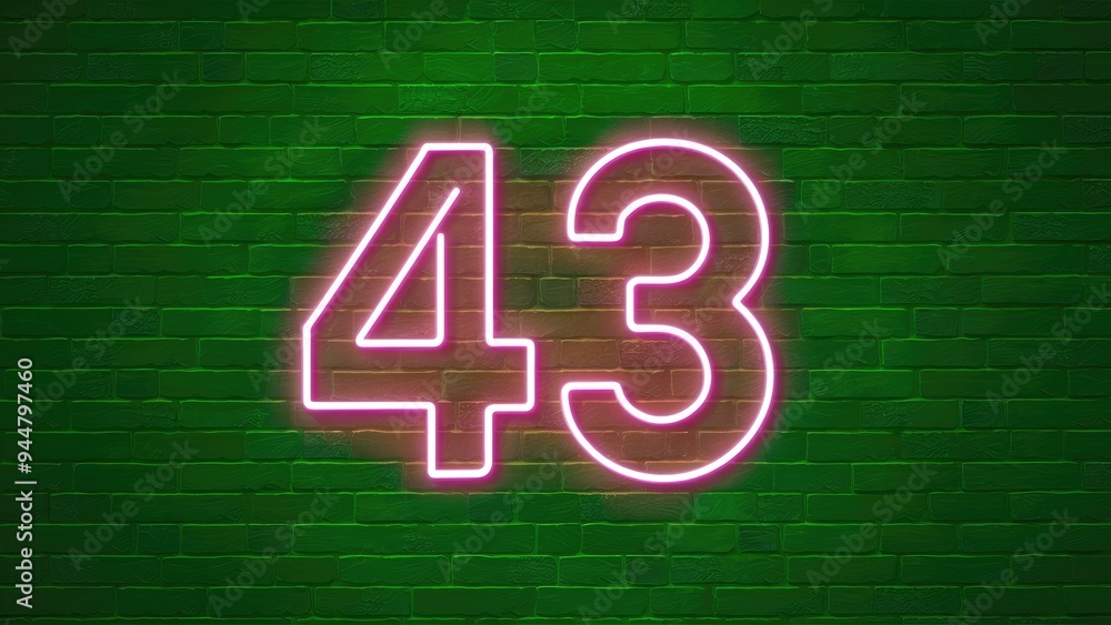 Glowing Neon Number 43 Symbol on Vibrant Green Background Glowing Neon Number 43 Symbol on Vibrant Green Background