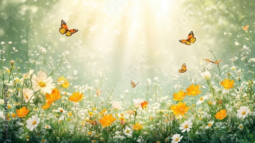 Butterflies Flying Over a Meadow of White and Yellow Wildflowers