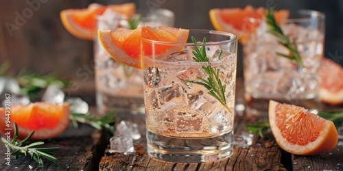 Citrus-flavored hard seltzer with a hint of rosemary displayed in glasses atop a wooden surface.