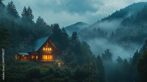 An illuminated wooden house nestled in a forest, with foggy mountains rising in the background