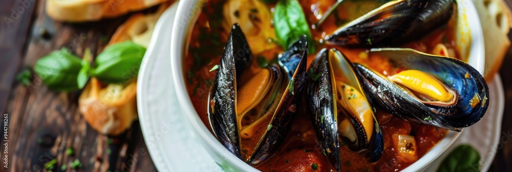 Seafood bouillabaisse featuring mussels and garlic toasted baguette Seafood bouillabaisse featuring mussels and garlic toasted baguette
