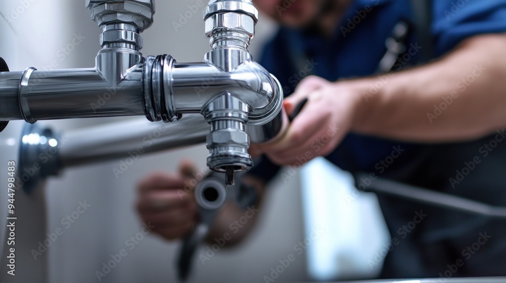 A plumber fixing a leaking faucet in a modern kitchen A plumber fixing a leaking faucet in a modern kitchen