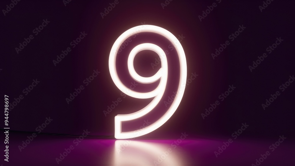 Illuminated Neon Symbol Number 9 on Dark Background Illuminated Neon Symbol Number 9 on Dark Background