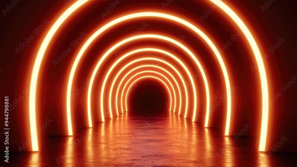 Illuminated orange neon arches create a captivating tunnel into the shadows. Illuminated orange neon arches create a captivating tunnel into the shadows.