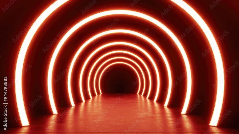 Naklejka premium Illuminated orange neon arches create a captivating tunnel into the shadows.