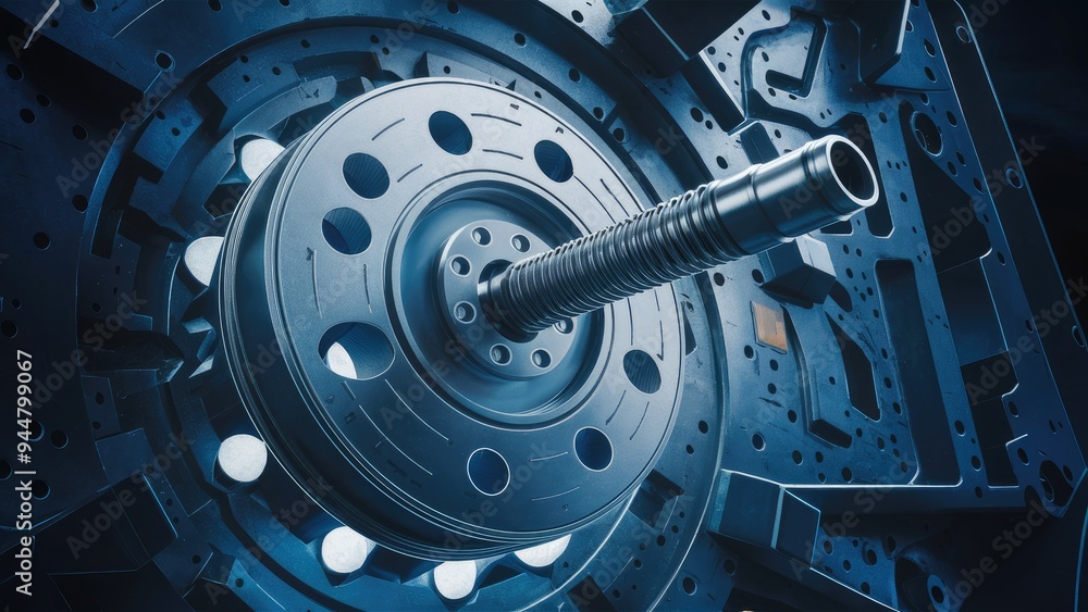 Illustration of a steel mechanical component featuring through holes and dimension lines, showcasing a worm wheel shaft. Engineering CAD diagram on a mechanical backdrop. Illustration of a steel mechanical component featuring through holes and dimension lines, showcasing a worm wheel shaft. Engineering CAD diagram on a mechanical backdrop.