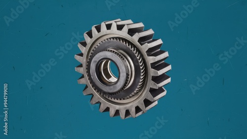 Illustration of a single helical gear rotor featuring a single-stage gearset, complete with bearing journals and thrust disc.
