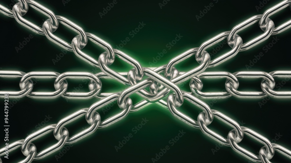 Fototapeta premium Interlocking and crisscrossing chains illuminated by a soft green glow on a dark background.