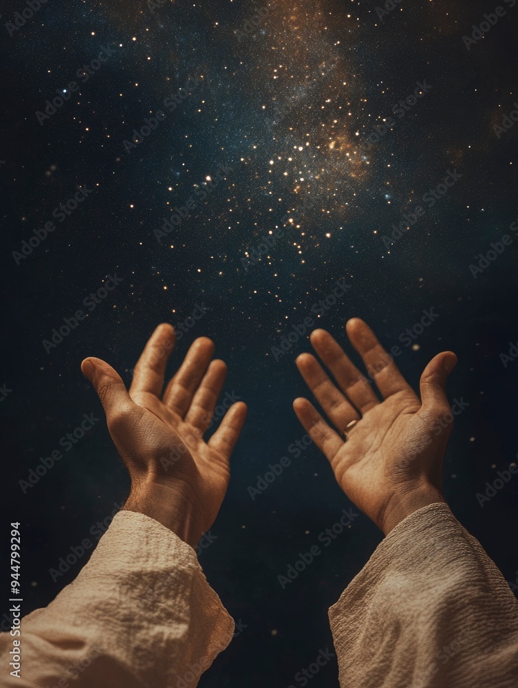 Praying muslim, hands open to the sky in the holy night. Social media story, vertical with generative ai Praying muslim, hands open to the sky in the holy night. Social media story, vertical with generative ai
