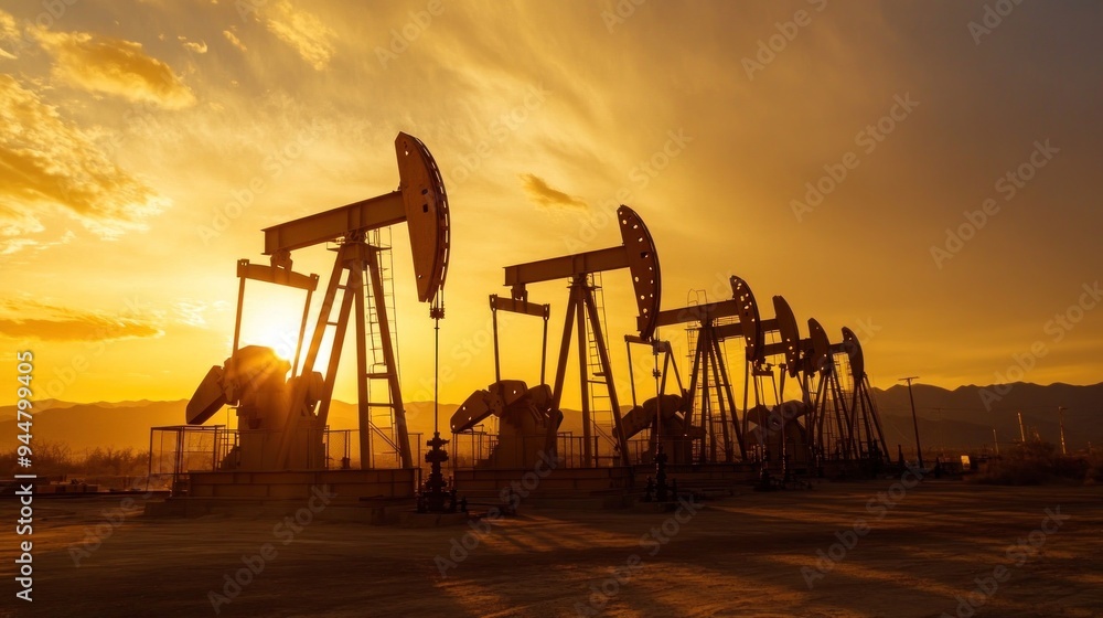 A row of oil drilling pumps working in sync on a vast oil field A row of oil drilling pumps working in sync on a vast oil field