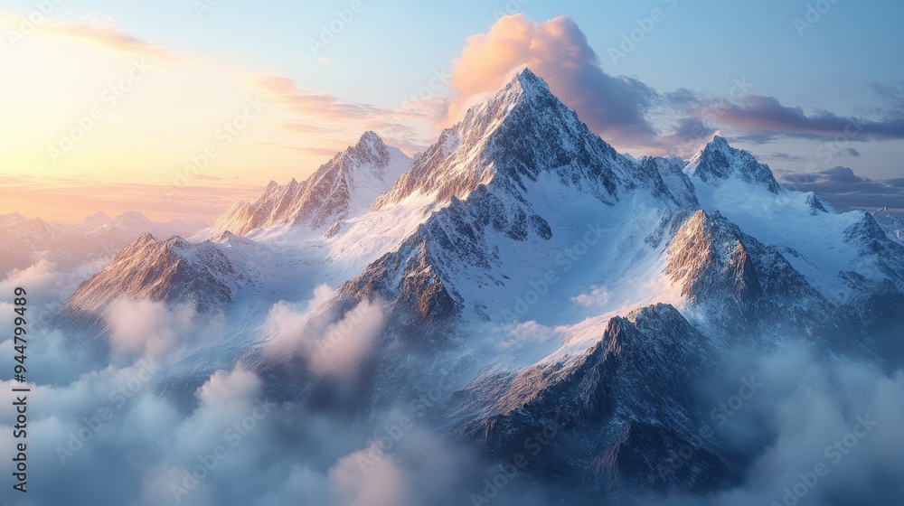 Majestic Mountain Peak with Clouds at Sunset Majestic Mountain Peak with Clouds at Sunset