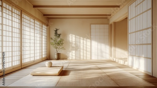 Minimalist Japanese-style room with tatami mat flooring and wooden shoji screens.