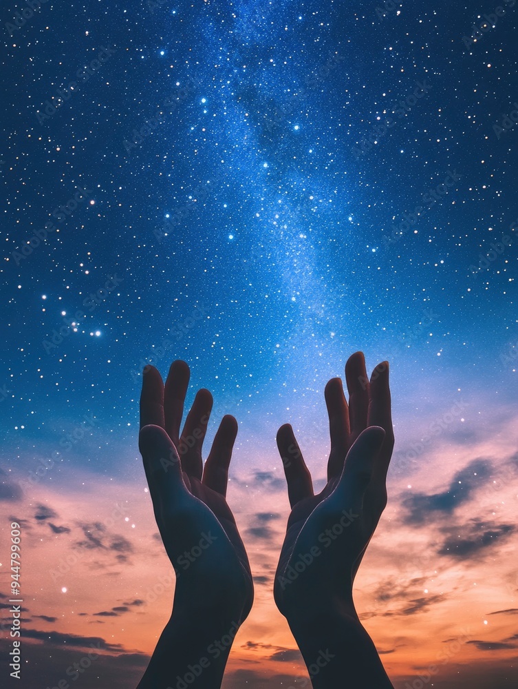 Praying muslim, hands open to the sky in the holy night. Social media story, vertical with generative ai Praying muslim, hands open to the sky in the holy night. Social media story, vertical with generative ai