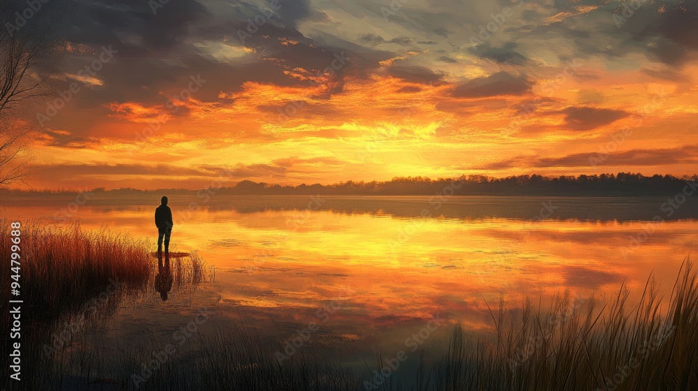 Lone traveler gazing at the sunrise over a still lake, with warm colors filling the sky and reflecting on the water Lone traveler gazing at the sunrise over a still lake, with warm colors filling the sky and reflecting on the water
