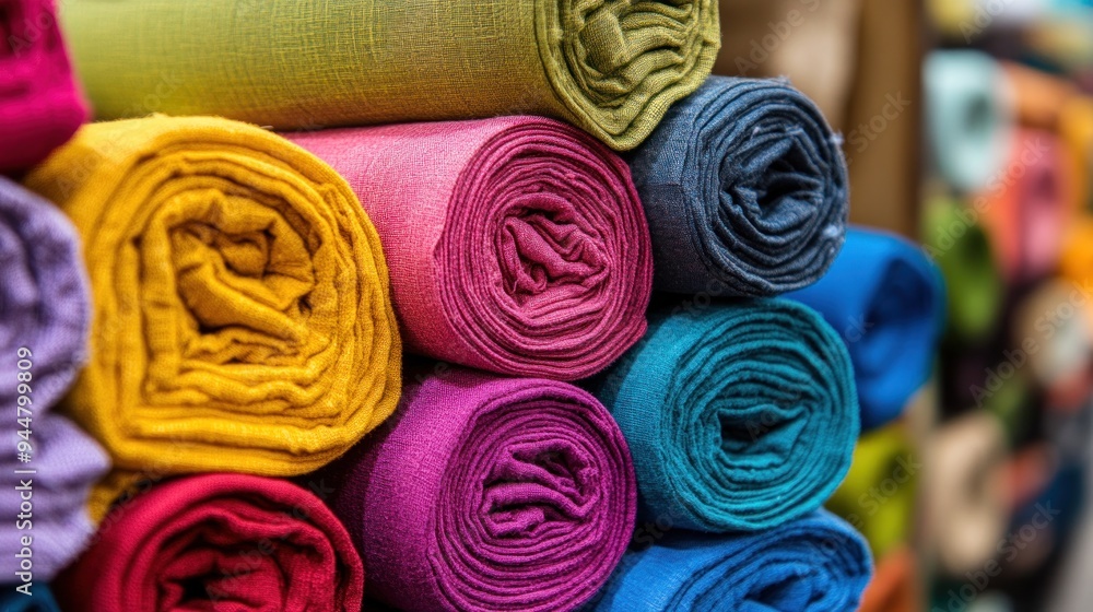 Fototapeta premium Colorful fabric rolls produced from a weaving factory ready for delivery to customers. The concept of the weaving industry.