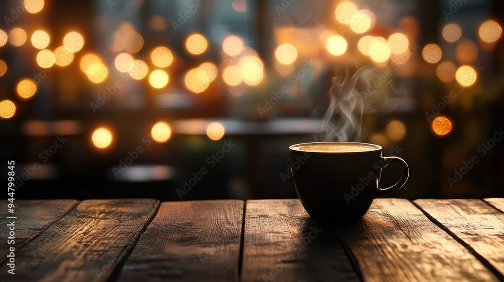 Aromatic coffee on a wooden table with a beautiful bokeh background. Aromatic coffee on a wooden table with a beautiful bokeh background.