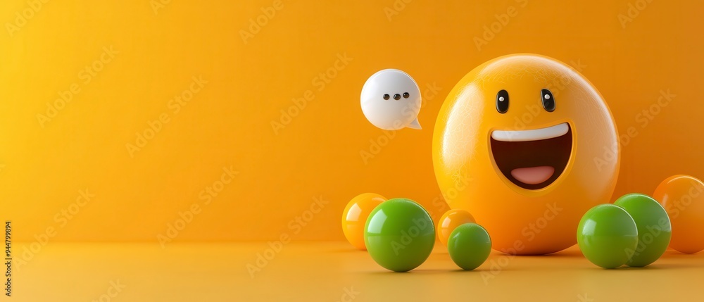 Fototapeta premium Happy Emoji with Chat Bubble, Playful Yellow and Green Spheres, Fun Communication Concept.