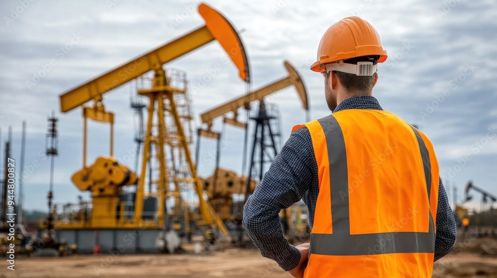 A worker monitoring the operation of multiple oil drilling pumps in the field A worker monitoring the operation of multiple oil drilling pumps in the field