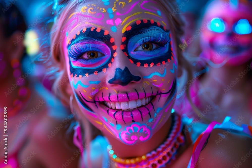 woman with vibrant face paint and joyful expression at a festive gathering woman with vibrant face paint and joyful expression at a festive gathering