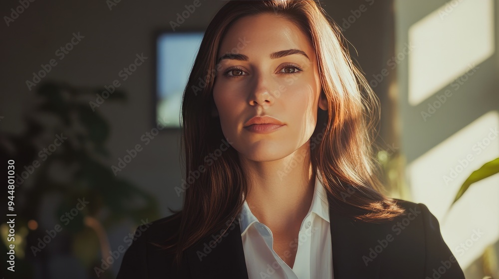 Fototapeta premium Serious businesswoman in a sun-drenched studio, her expression reflecting strength and professionalism