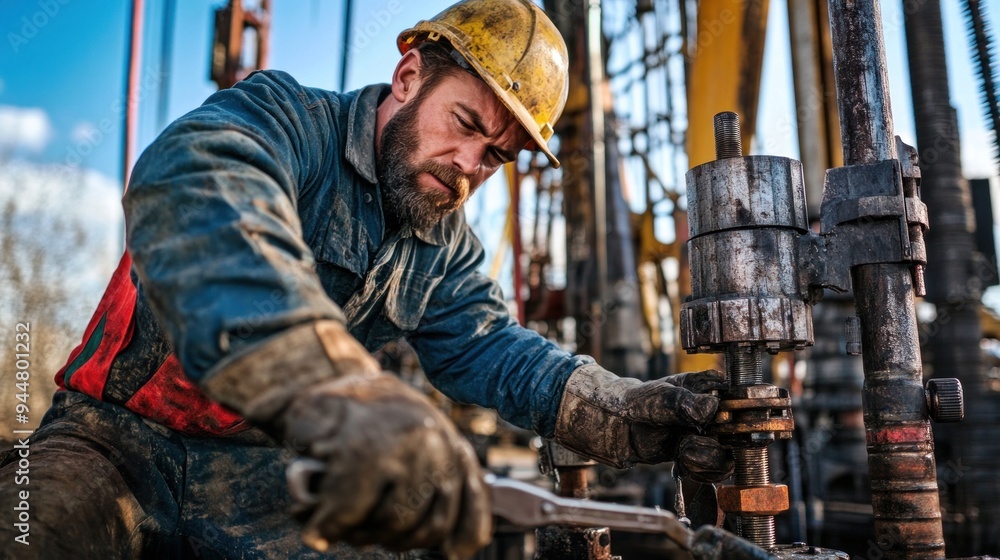 A worker with a wrench tightening bolts on an oil drilling pump jack A worker with a wrench tightening bolts on an oil drilling pump jack