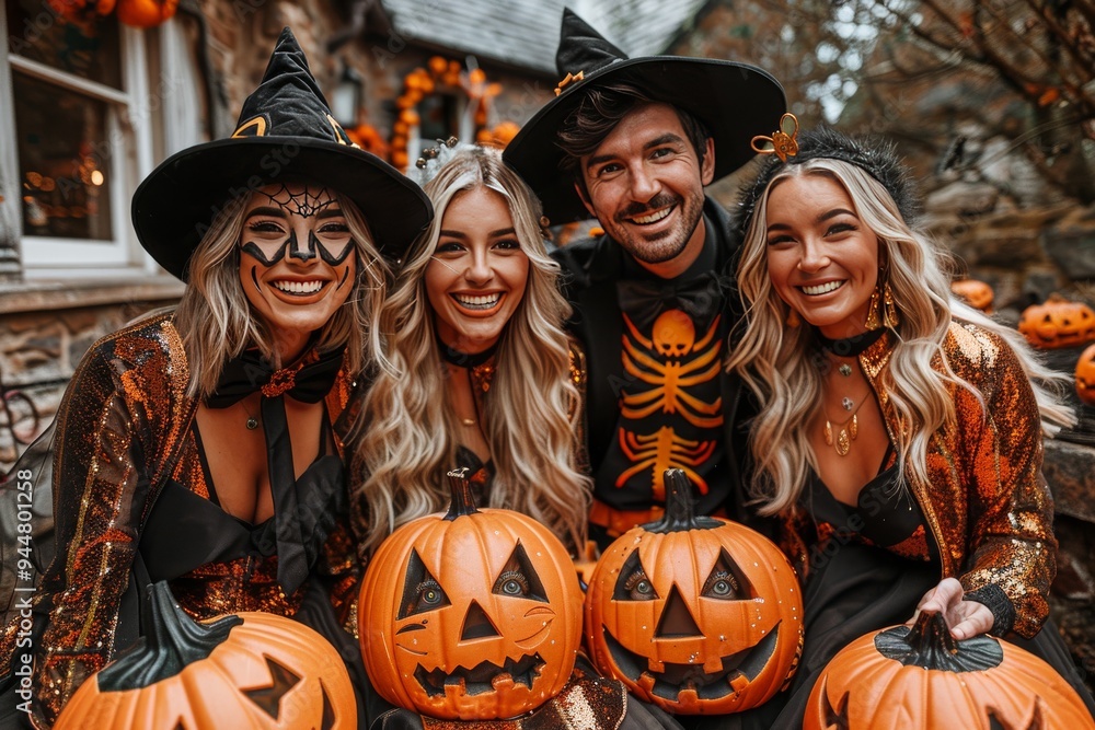 Group of friends celebrating Halloween in costumes with carved pumpkins in a cozy outdoor setting Group of friends celebrating Halloween in costumes with carved pumpkins in a cozy outdoor setting