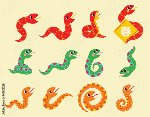 Cute snakes in different movements and color, flat style design